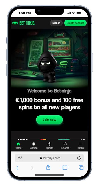 A screenshot of BetNinja's mobile optimized site, one of the top PayPal Casinos in Canada