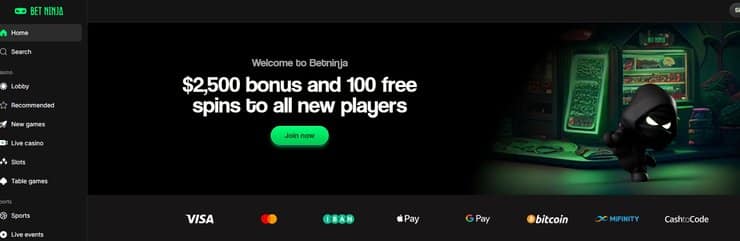 A screenshot of BetNinja online casino homepage