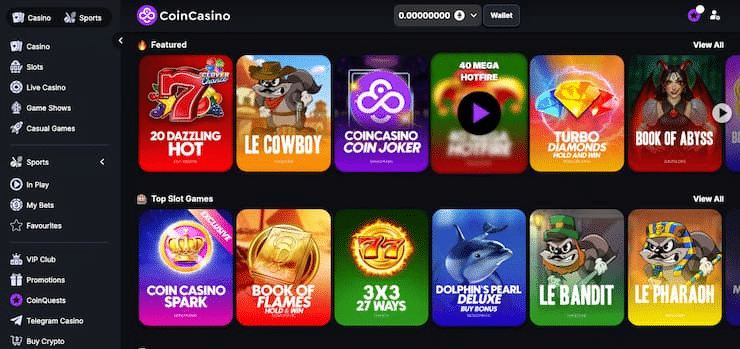 CoinCasino review screenshot showing the casino lobby with featured slot games and navigation menu