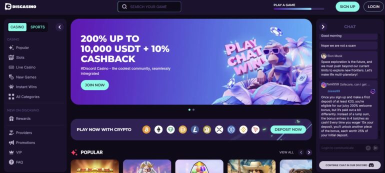 A screenshot of the Discasino homepage on desktop