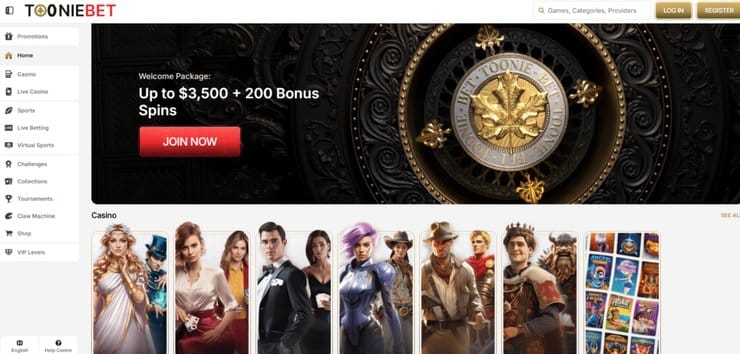 A screenshot of Tooniebet casino homepage
