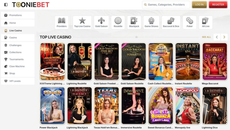 A screenshot of Tooniebet's live casino section