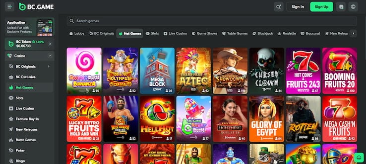 The BC.Game crypto casino lobby.