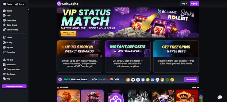Coincasino is a great option for bitcoin roulette gaming - here displayed on desktop.