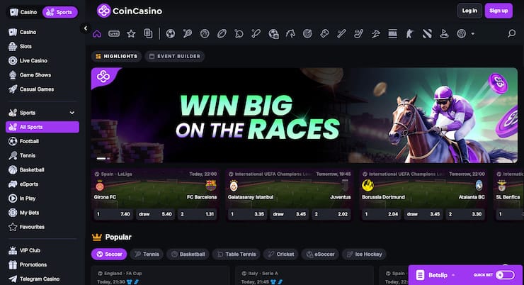 CoinCasino's modern sports betting interface features a "Win Big on the Races" banner alongside live odds for major soccer matches like Barcelona versus Girona.