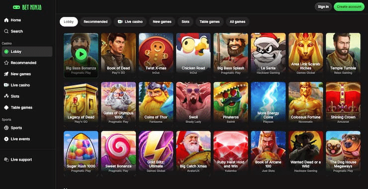 Canadian online casinos accepting Amex example with BetNinja casino lobby and slots