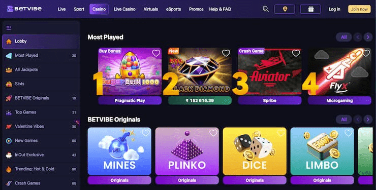 Betvibe slot site in India casino page