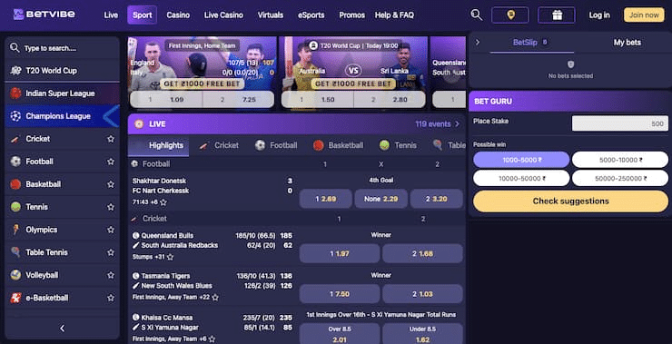 Betvibe live betting screen with cricket markets on one of the best betting apps in India
