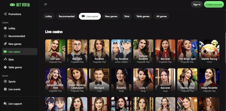 A preview of the Betninja live casino lobby showcasing a variety of high-quality titles