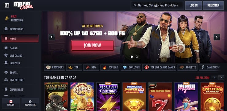 A screenshot of the Mafia Casino homepage featuring a "GTA-style" aesthetic and a promotional banner for a welcome bonus of 100% up to $750 plus 200 free spins.