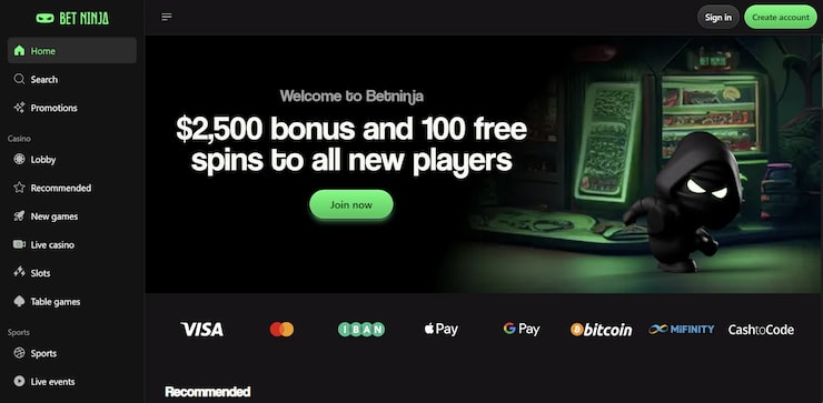 A screenshot of the Betninja homepage showcasing a dark, modern interface with a "ninja" mascot and a prominent welcome offer of a "$2,500 bonus and 100 free spins.