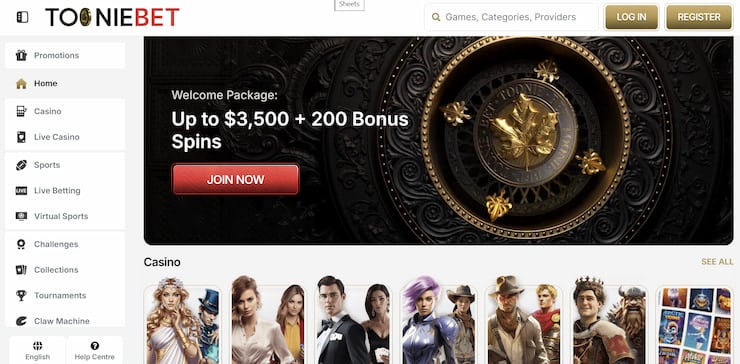 An interface of the Tooniebet online casino website featuring a welcome package banner offering up to $3,500 plus 200 bonus spins