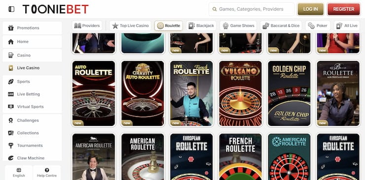 A screenshot of the Tooniebet live casino lobby displaying a diverse selection of roulette variants, including Auto, French, and American Roulette tables.