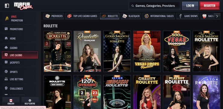 A screenshot of the Mafia Casino live dealer lobby showcasing a premium "Gold Saloon" theme, featuring high-quality roulette variants like Gold Saloon Roulette, Vegas Drops Roulette, and Super Stake Roulette.