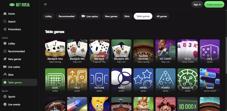 A screenshot of the Betninja table games lobby displaying various tiles for games like American Blackjack and more.
