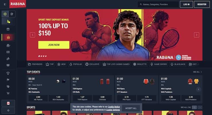 A snapshot of Rabona with a focus on its generous sports welcome bonus.