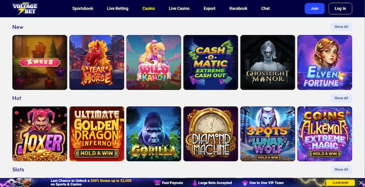 VoltageBet casino games lobby at debit card online casinos