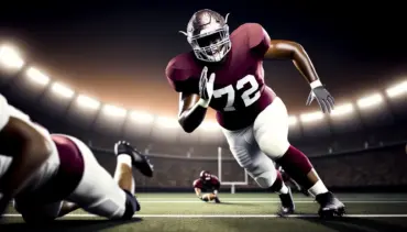 Edge rusher in college football uniform explosively rushing the quarterback during game action