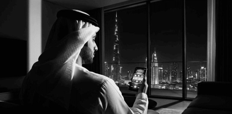 رجل إماراتي يلعب ألعاب الكازينو على هاتفه المحمول