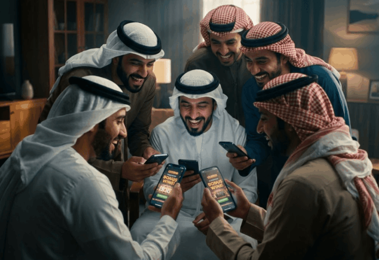 مجموعة من الرجال الإماراتيين يحتفلون بحصولهم على مكافآت من كازينو عبر الإنترنت