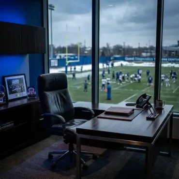 Empty executive office chair in NFL facility suggesting leadership uncertainty and organizational change