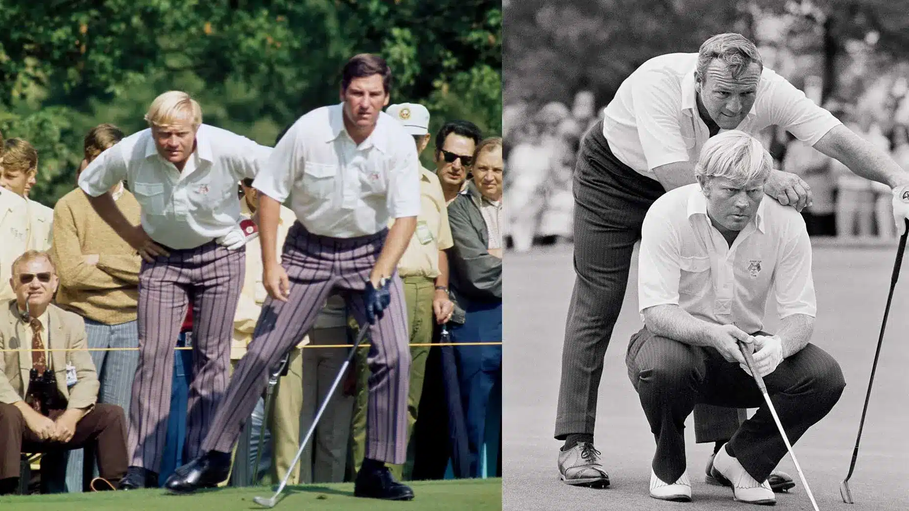 Two golfers in white shirts and striped pants, one kneeling and one standing behind him, during a match.