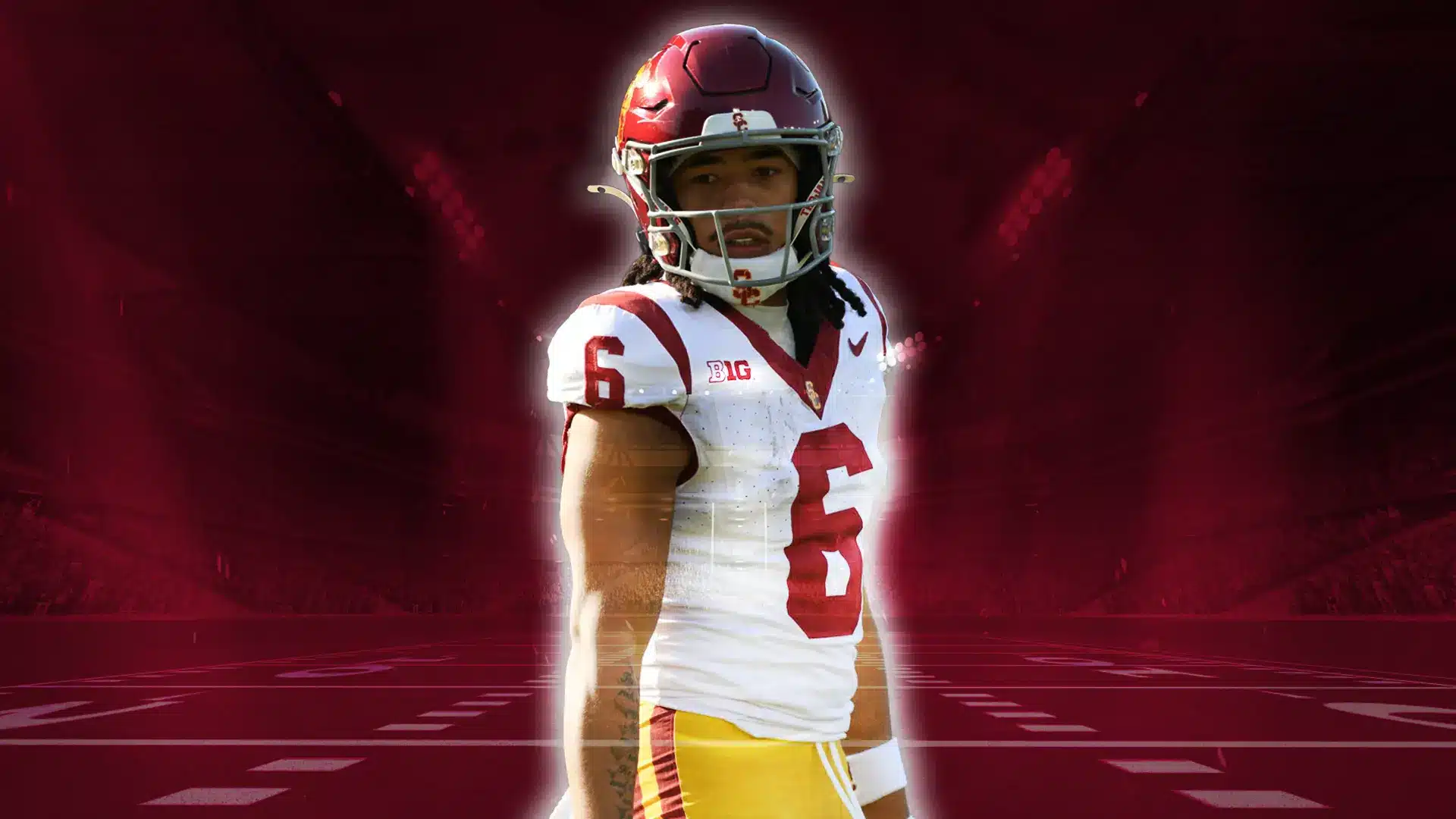 Football player wearing jersey number 6 in a stadium setting, focused on the camera.
