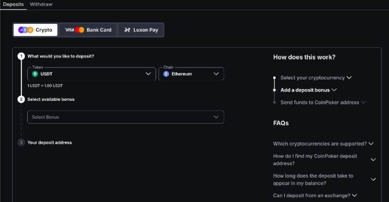 ฝากเงินผ่านแอป Coinpoker