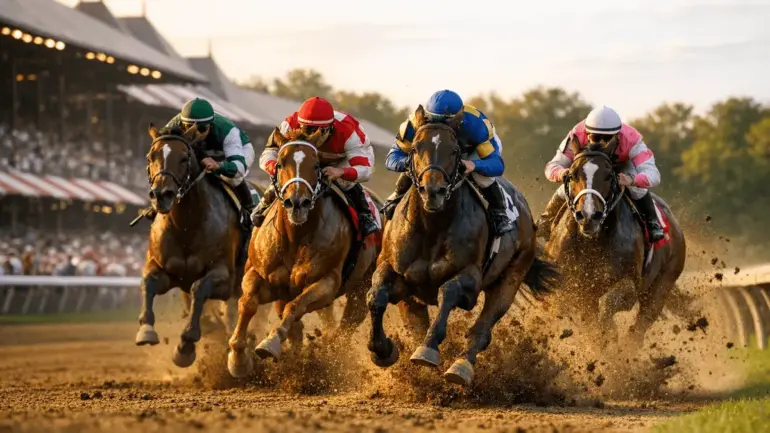 Thoroughbred horses racing at Saratoga Race Course during the Belmont Stakes
