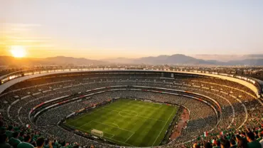 Estadio Azteca stadium packed with fans during golden hour, iconic venue for 2026 FIFA World Cup Group A matches