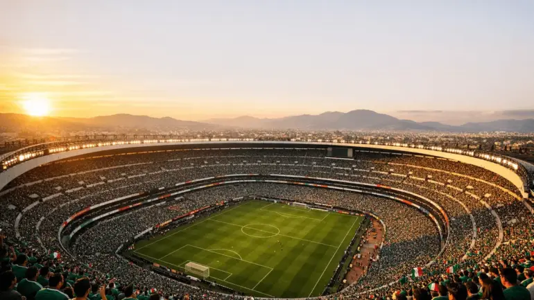 Estadio Azteca stadium packed with fans during golden hour, iconic venue for 2026 FIFA World Cup Group A matches