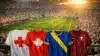 World Cup stadium with Group B team jerseys displayed - Switzerland, Canada, Bosnia and Herzegovina, Qatar