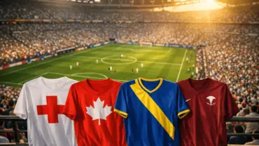 World Cup stadium with Group B team jerseys displayed - Switzerland, Canada, Bosnia and Herzegovina, Qatar