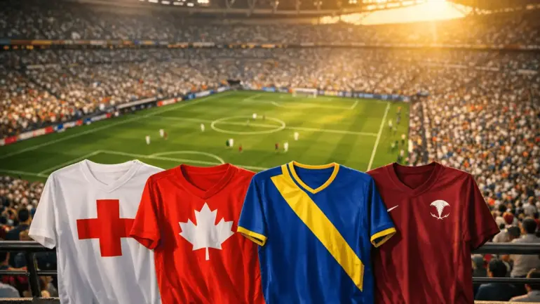 World Cup stadium with Group B team jerseys displayed - Switzerland, Canada, Bosnia and Herzegovina, Qatar