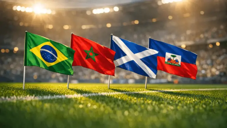 Brazil, Morocco, Scotland, and Haiti national flags on soccer pitch representing 2026 World Cup Group C