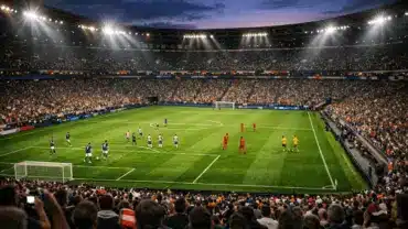 World Cup stadium with USA, Turkey, Paraguay, and Australia teams competing on field under lights