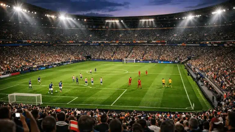 World Cup stadium with USA, Turkey, Paraguay, and Australia teams competing on field under lights