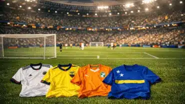 World Cup stadium with Germany, Ecuador, Ivory Coast, and Curaçao national team jerseys on the pitch