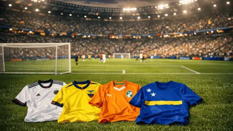 World Cup stadium with Germany, Ecuador, Ivory Coast, and Curaçao national team jerseys on the pitch