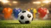FIFA World Cup soccer ball on stadium turf with international team colors in background