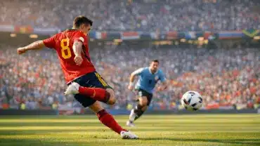 Spain and Uruguay players competing during intense 2026 FIFA World Cup Group H match action