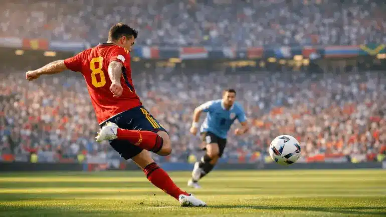 Spain and Uruguay players competing during intense 2026 FIFA World Cup Group H match action
