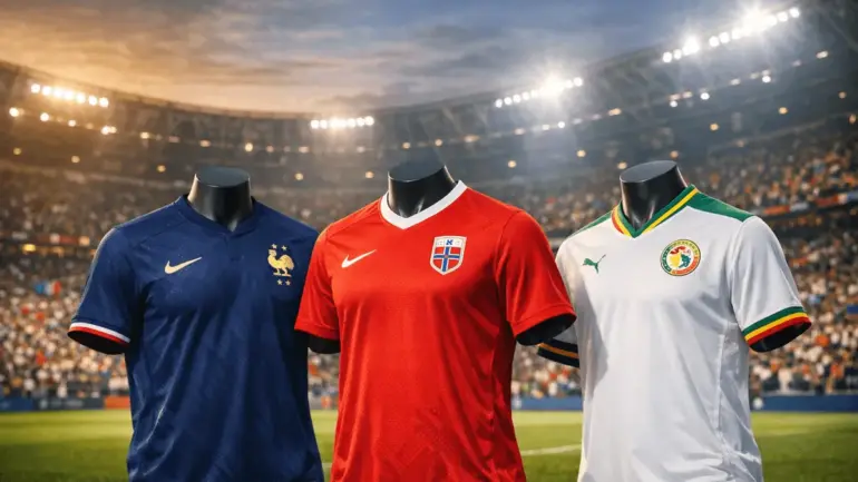 France, Norway, and Senegal national team jerseys displayed at FIFA World Cup stadium with crowd atmosphere