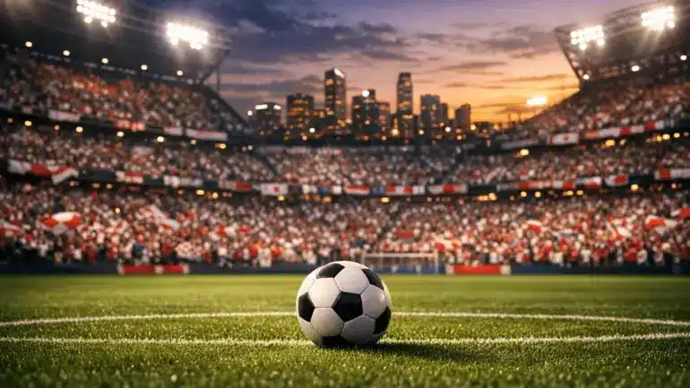 Packed international football stadium at twilight with ball on pitch and crowd-filled stands