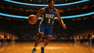 College basketball player driving to the basket in Duke uniform during game action