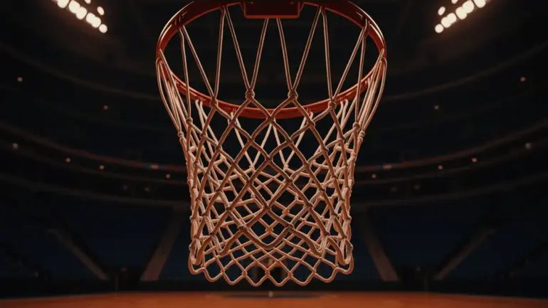Basketball hoop and net from below in professional arena with dramatic lighting for 2026 NBA Draft prospects