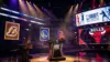 NBA draft night podium with dramatic lighting and team colors in professional basketball arena