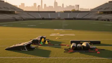 NFL training camp practice field at golden hour with equipment ready for 2026 preseason preparation