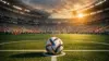 Aerial view of packed modern soccer stadium at golden hour with World Cup ball on center pitch