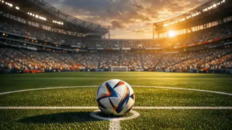 Aerial view of packed modern soccer stadium at golden hour with World Cup ball on center pitch